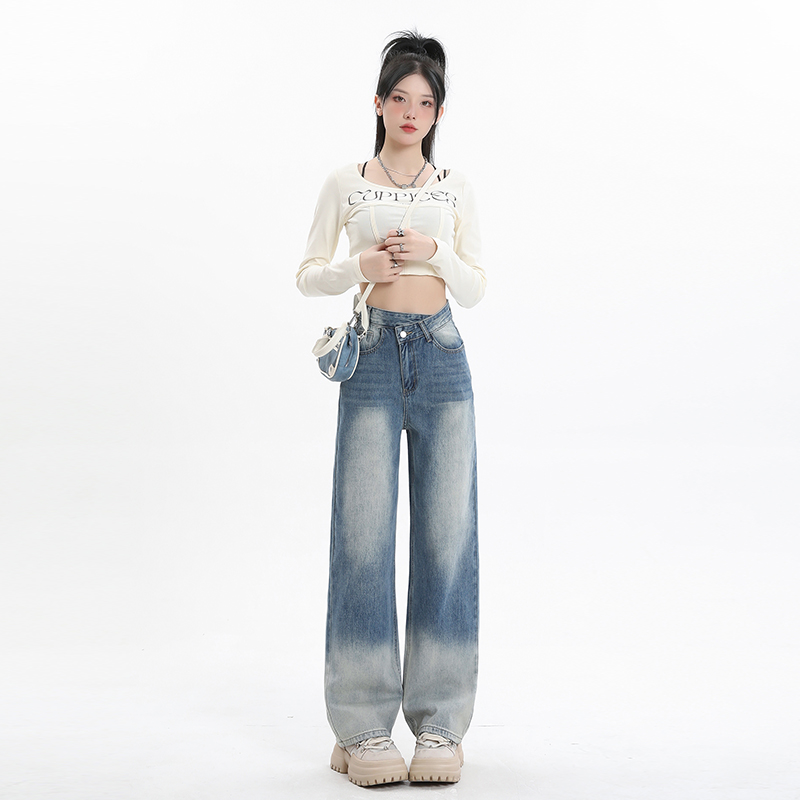 實拍~2024美式設計感復古牛仔褲女新款寬鬆顯瘦垂感拖地直筒長褲