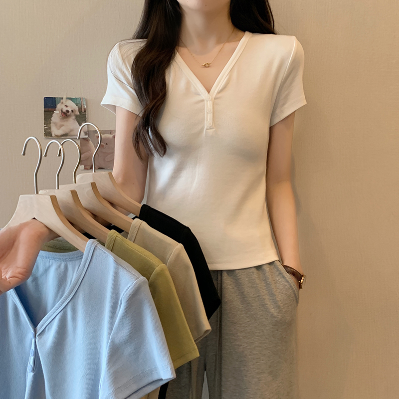Actual shot of 2024 summer new style fat mm large size fashionable and versatile slimming solid color v-neck right shoulder short-sleeved T-shirt
