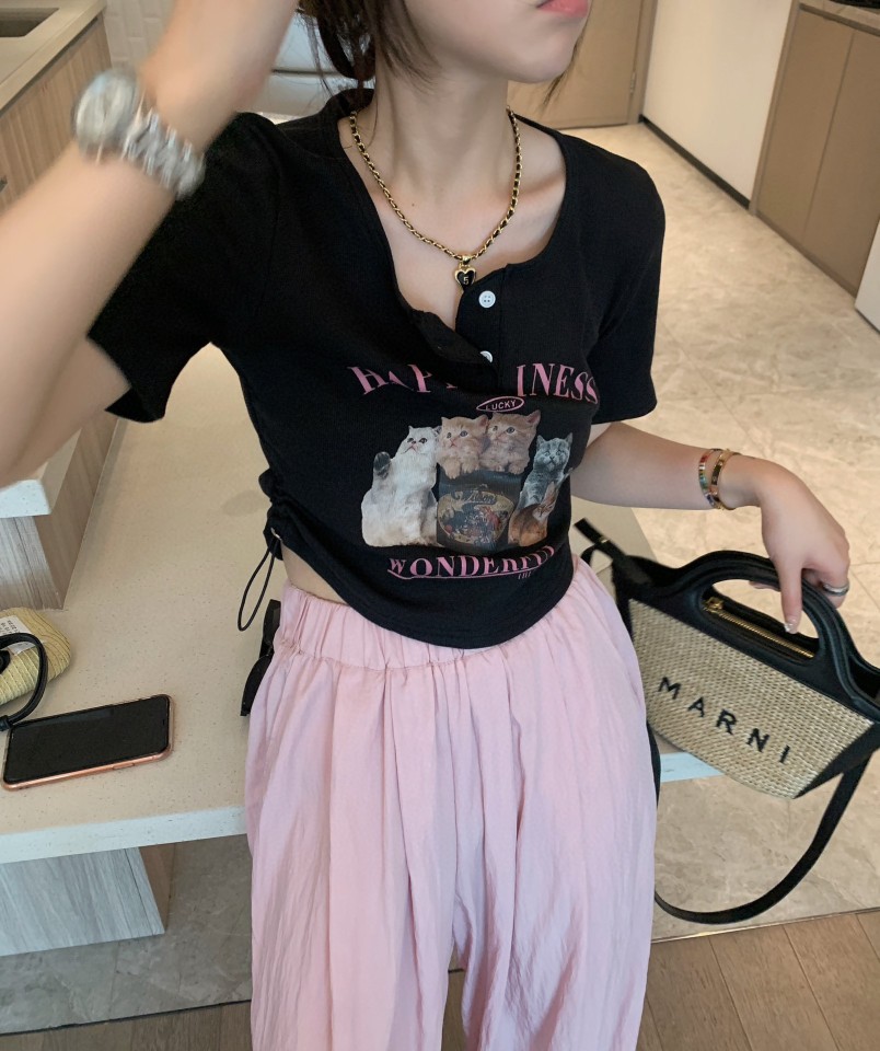 甜美短袖T恤女小貓印花百搭露肚臍短款上衣夏季套頭韓版