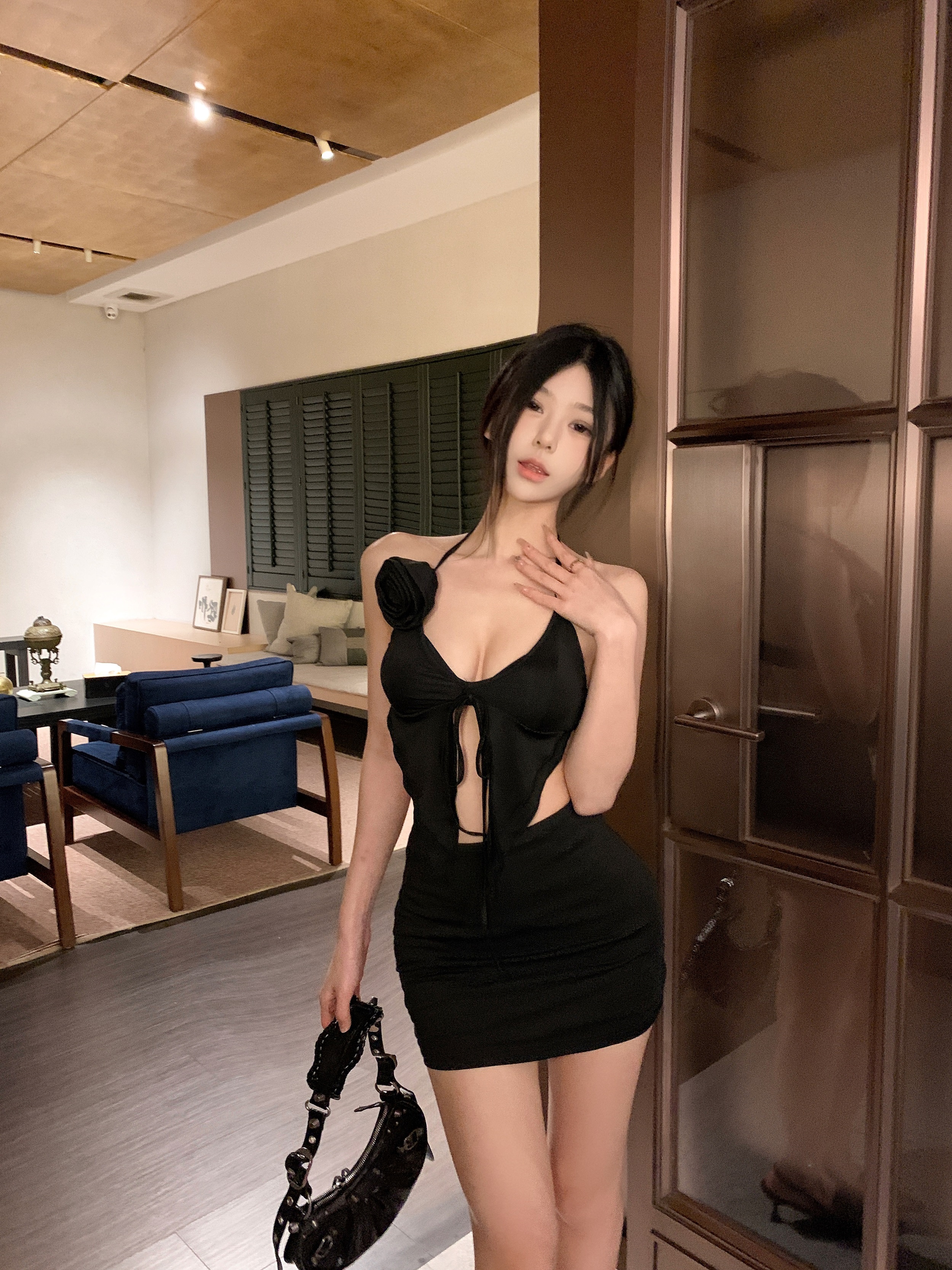 實拍 純欲風性感不規則V領綁帶吊帶+高腰褶皺包臀短裙套裝女