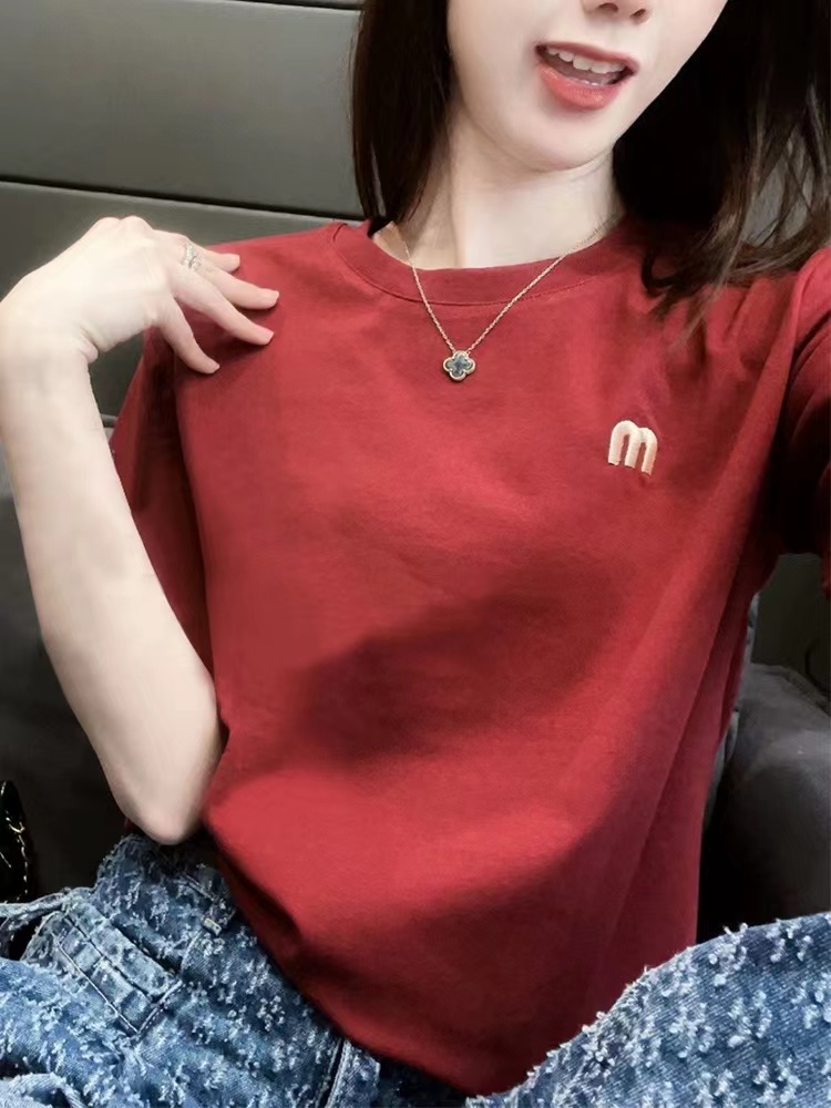 2024春秋季新款紅色短袖T恤女時尚休閒修身打底衫半袖上衣潮