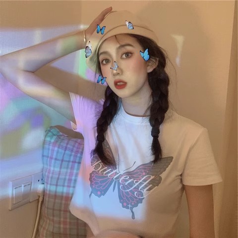 2024夏季新款韓版蝴蝶印花白色短款短T恤女學生修身短袖顯瘦上衣