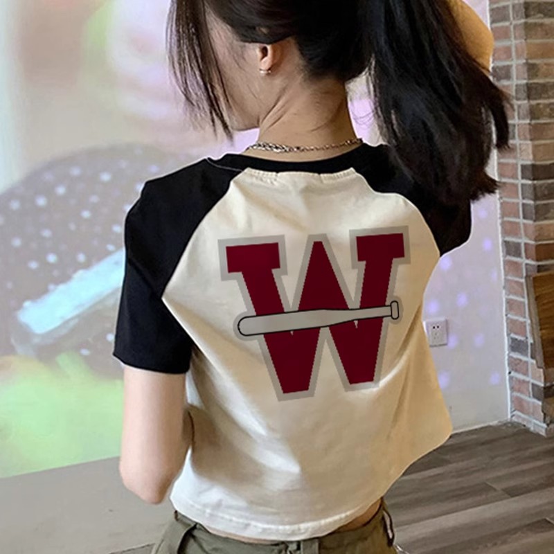 包肩包領ins撞色拼接純棉短款短袖女插肩袖辣妹露臍顯瘦體恤