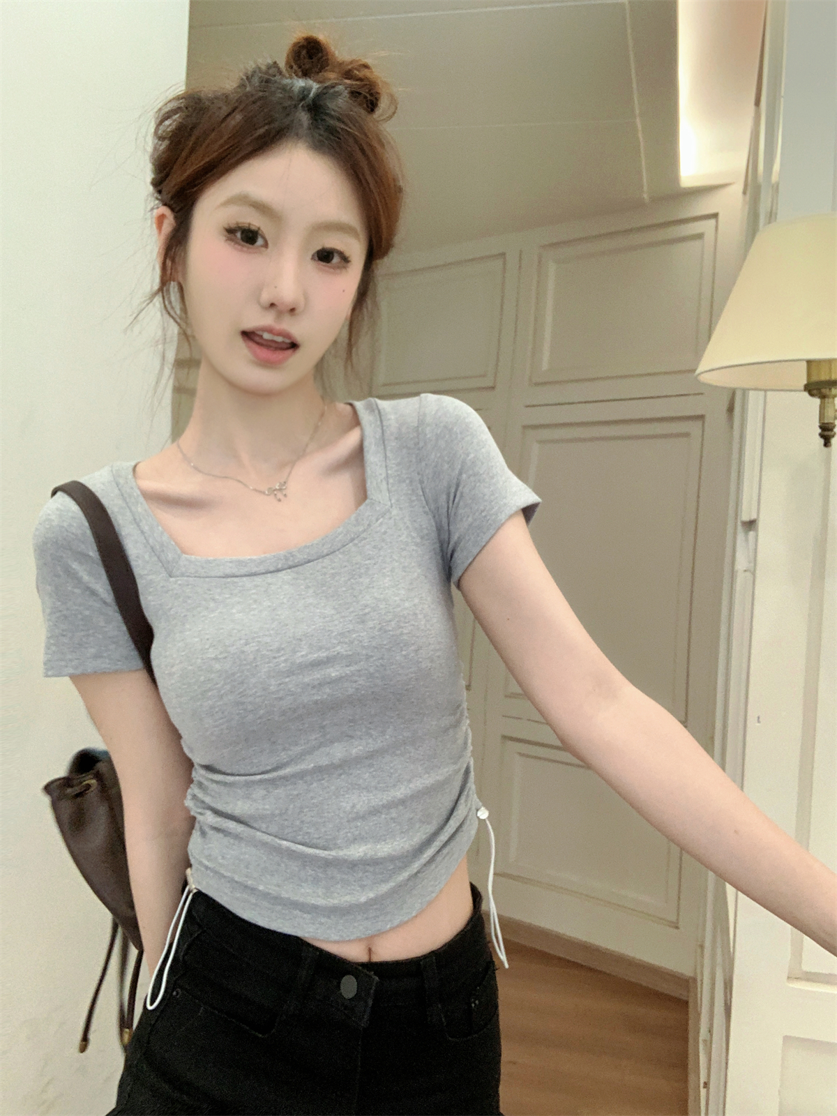 實拍 春夏韓版方領修身抽褶百搭短款純棉短袖T恤上衣女