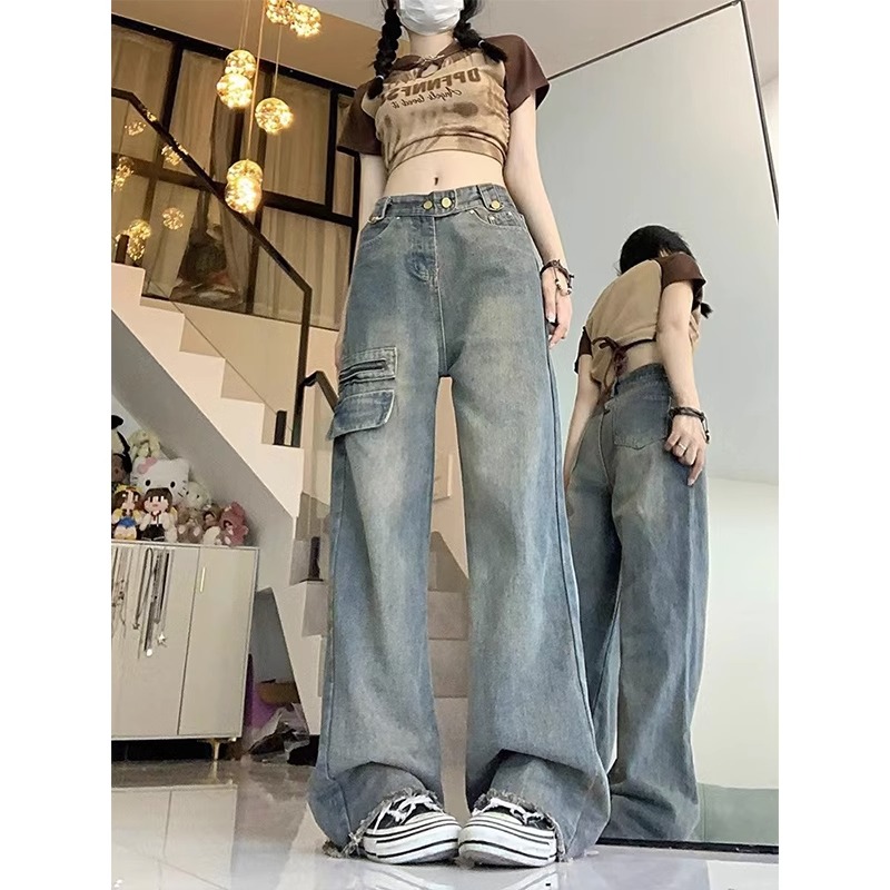 大碼復古高腰直筒牛仔褲女夏季設計感小眾寬鬆顯瘦闊腿拖地長褲子