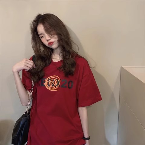 2024夏季韓版新款寬鬆圓領字母印花中長款休閒百搭短袖T恤女上衣