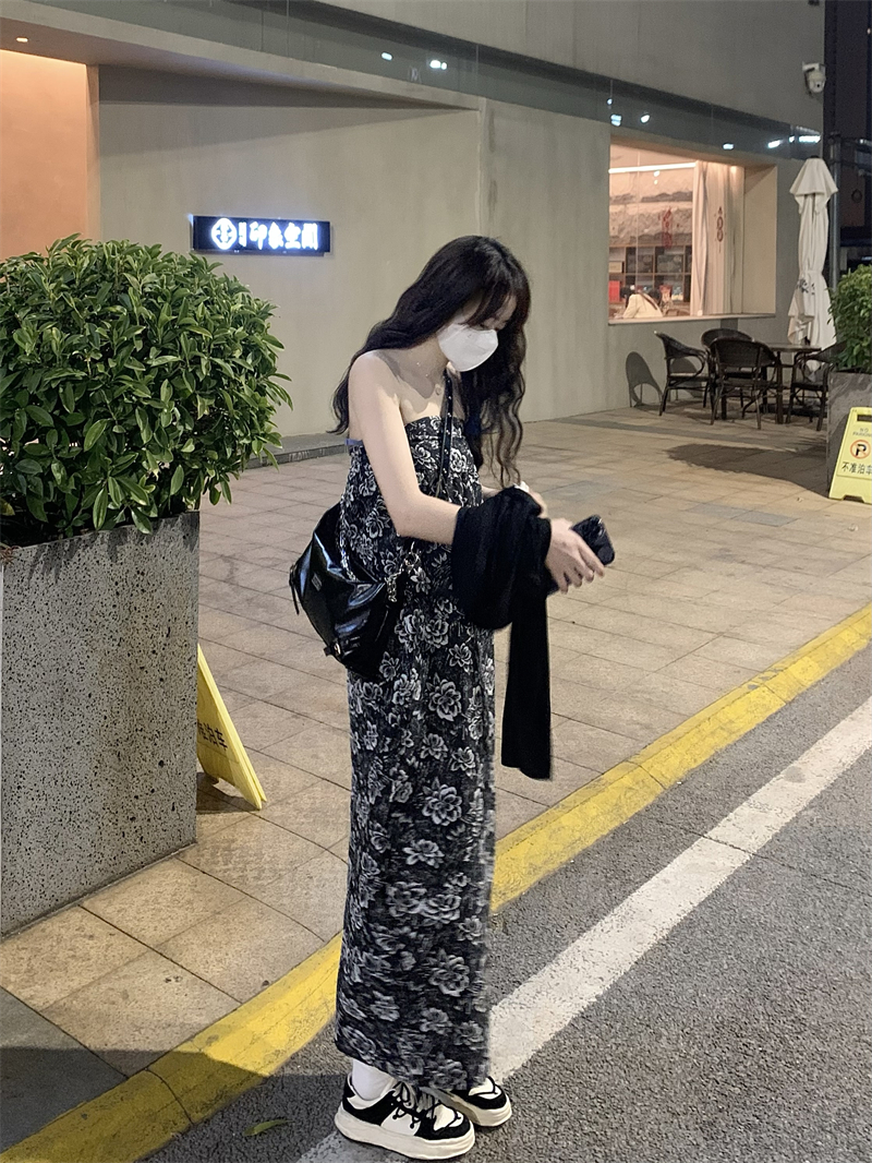 實拍#黑玫瑰抹胸裙法式中長款顯瘦連衣裙女+開衫兩件套