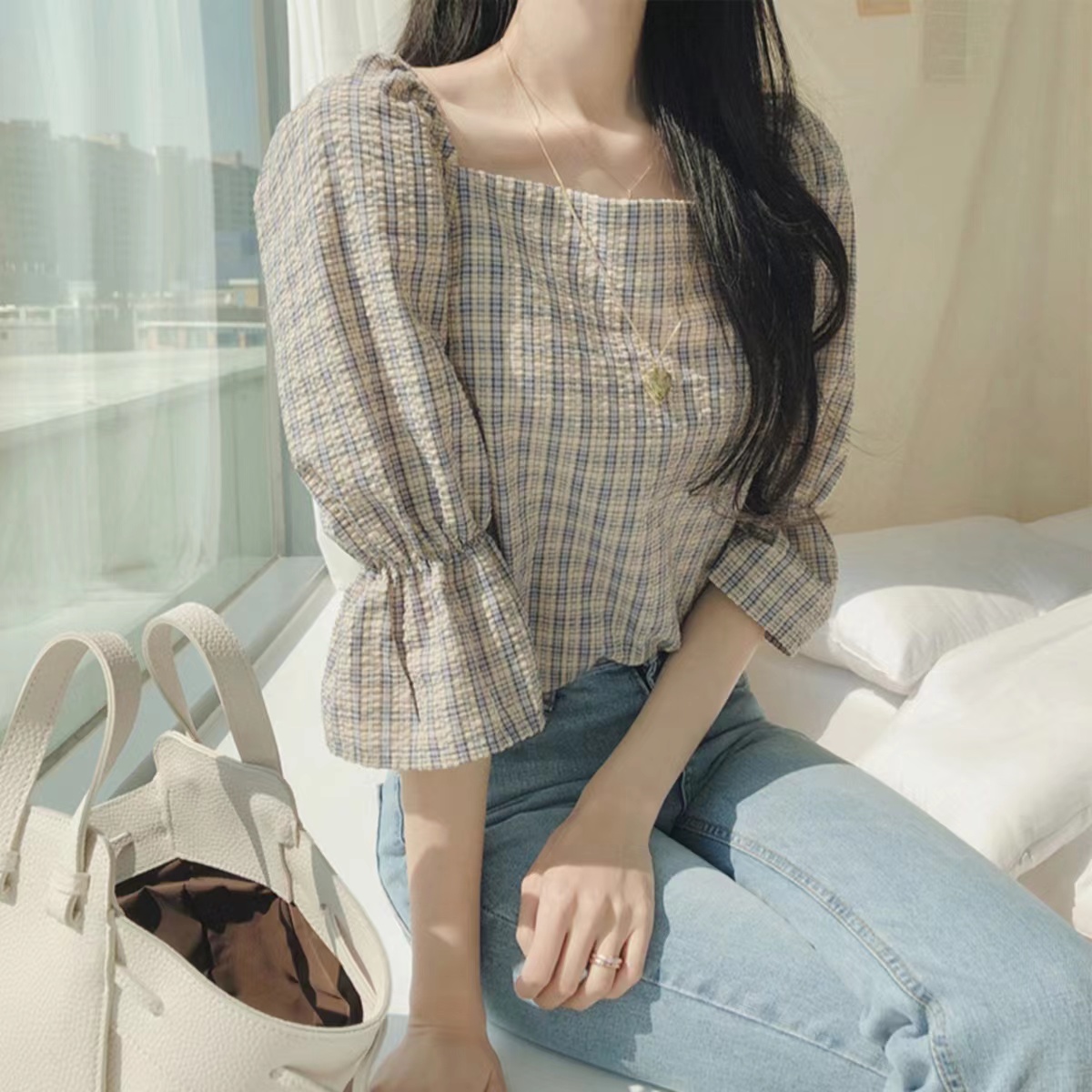鬼馬系少女~方領系帶格紋襯衫可閨蜜