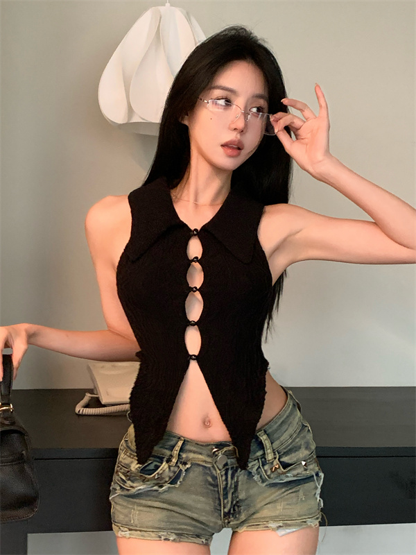 實拍 美式辣妹鏤空設計感polo領背心