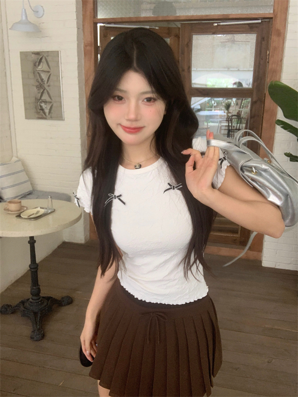 實拍夏季甜美蝴蝶結肌理感短袖T恤+A字裙蝴蝶結撞色百褶裙女