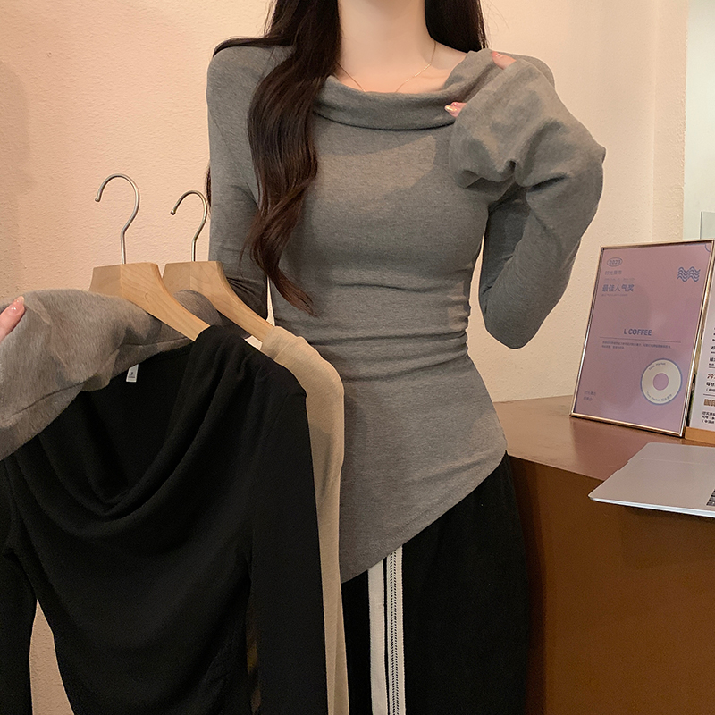 實拍1*1莫代爾200克長袖t恤女春秋薄不規則口水領純色打底衫上衣