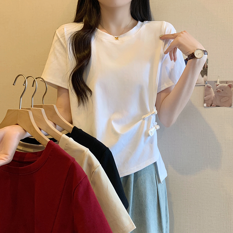Actual shot of 2024 summer new style fat mm plus size fashionable and chic new Chinese style plate button round neck slit short-sleeved T-shirt