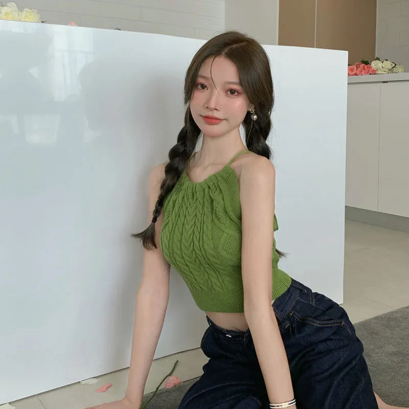 夏季甜辣針織掛脖吊帶背心女設計感小眾內搭外穿辣妹毛衣打底上衣