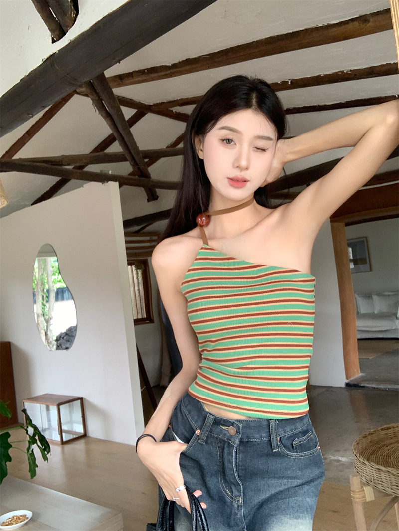 實拍~夏季新款設計感條紋針織螺紋背心韓版簡約時尚吊帶