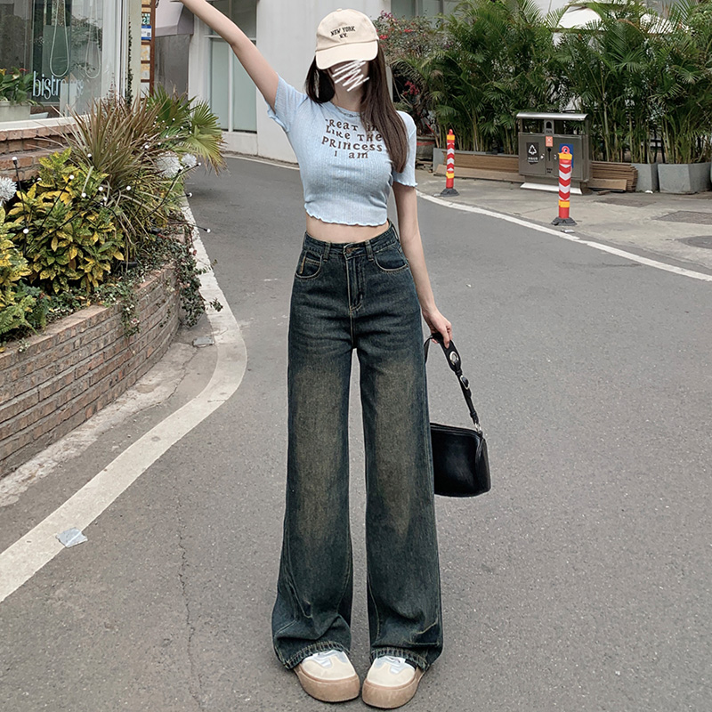 實拍~復古藍牛仔闊腿褲女2024春新款設計感個性皮牌高腰拖地褲子
