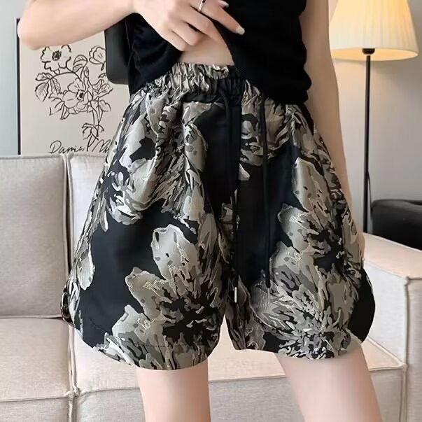 夏天冰絲時髦薄款闊腿短褲女夏季高腰復古刺繡印花a字休閒褲百搭