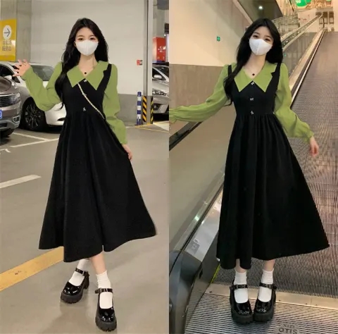 垂墜潮感假兩件長袖韓連衣裙大碼女裝裙子胖mm遮肚顯瘦休閒長裙