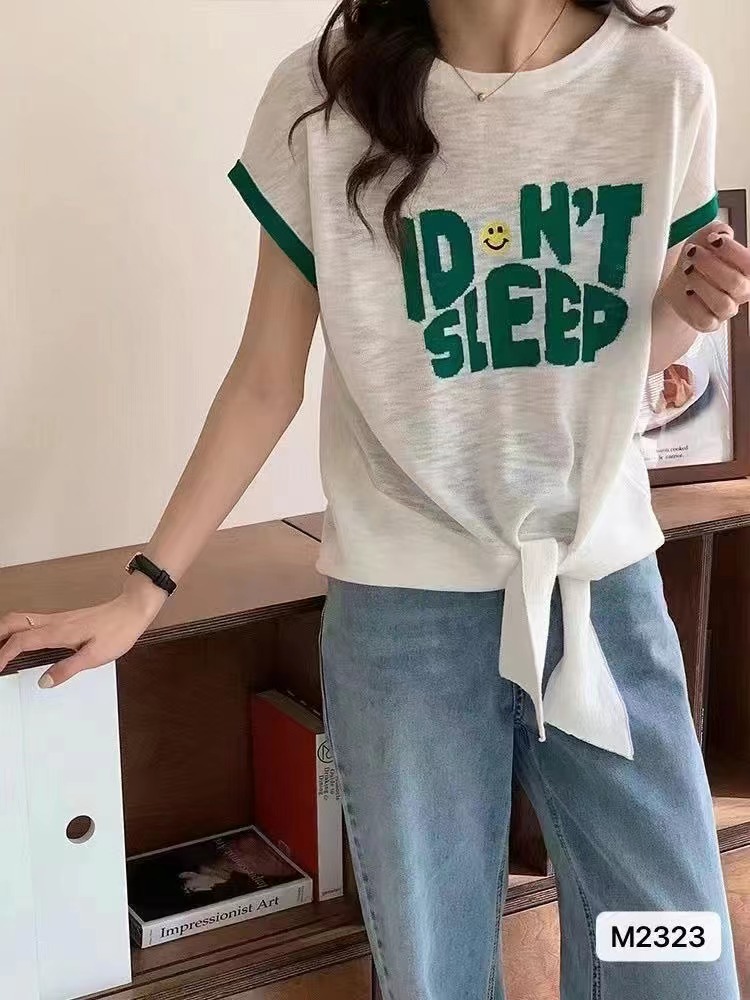 Official photo Korean version of fashionable letter contrast letter printing 2024 new summer style knotted hem T-shirt short-sleeved top