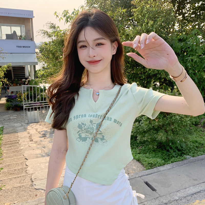不規則設計感V領短袖T恤女夏季新款辣妹風修身短款正肩上衣潮