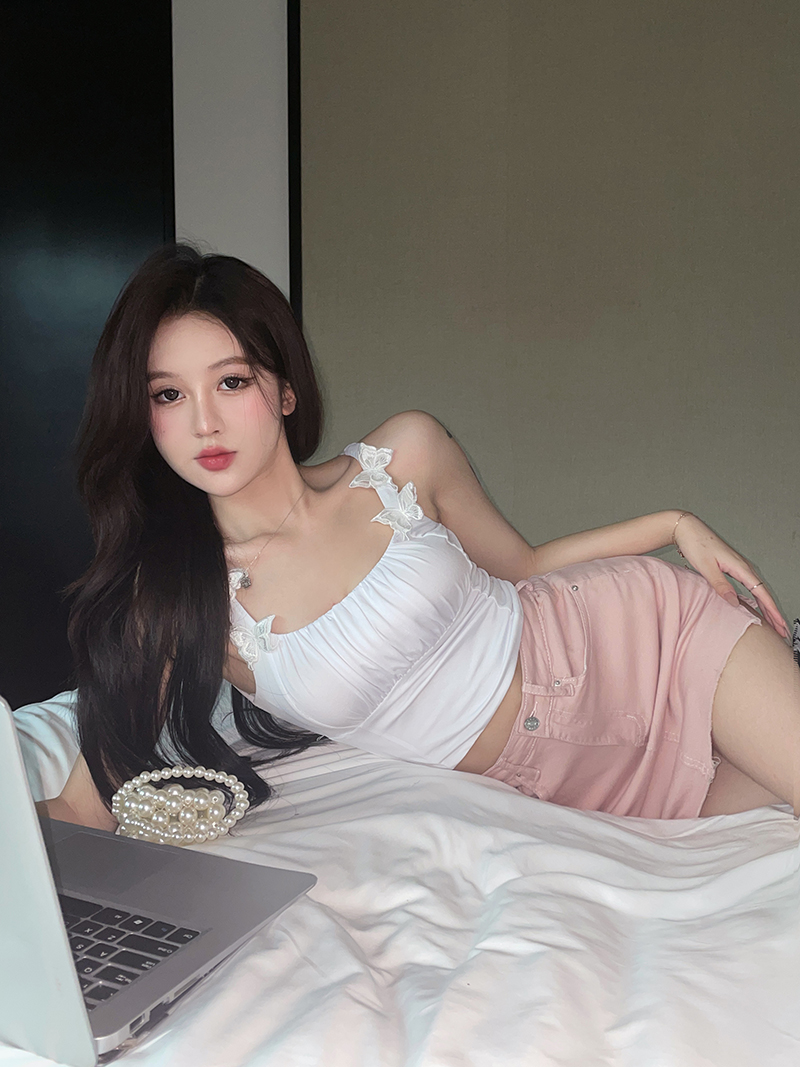 實拍 夏季純色蝴蝶刺繡吊帶背心女純欲辣妹修身短款內搭上衣
