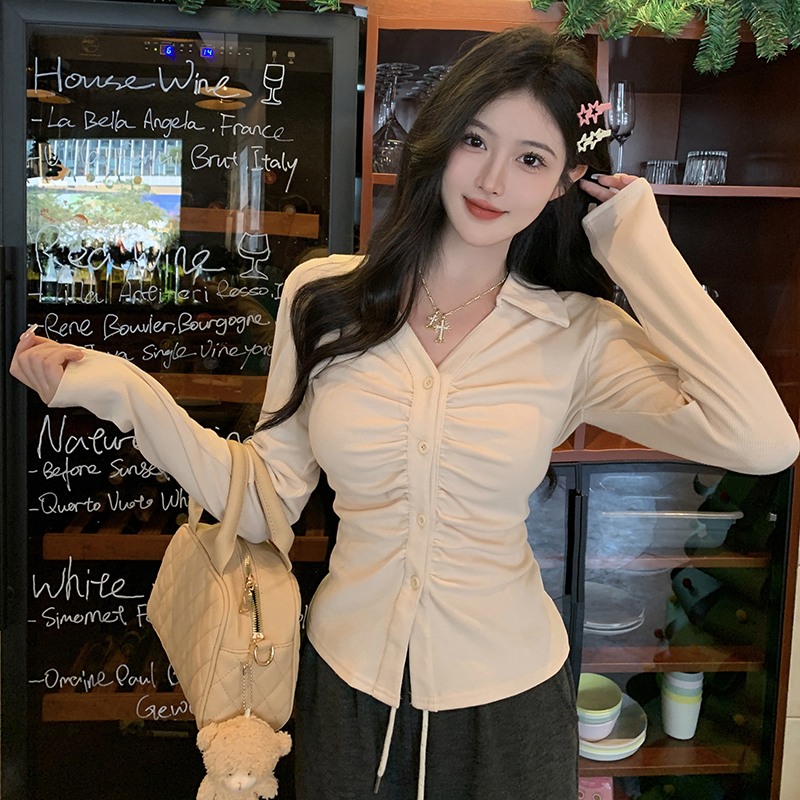 實拍~大碼微胖春季內搭褶皺長袖正肩襯衫胖MM設計感小眾顯瘦上衣