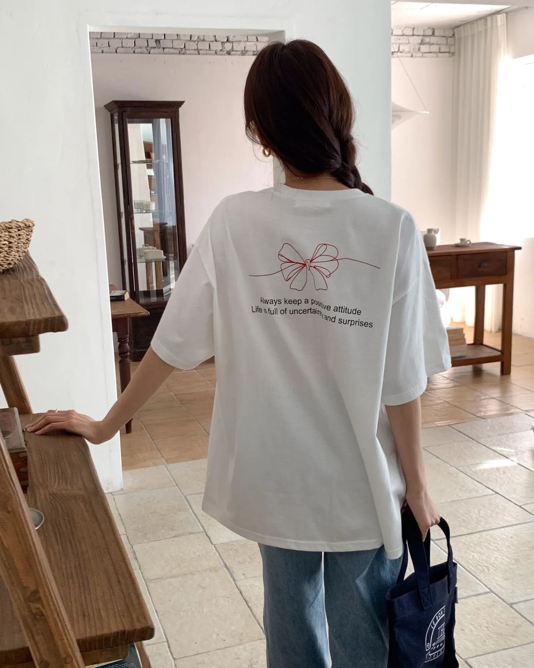 韓國chic夏季新款小眾氣質蝴蝶結印花短袖T恤女