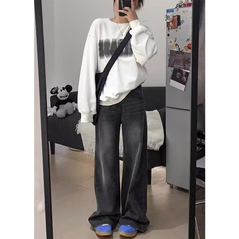 大碼復古闊腿牛仔褲女2024春秋新款高腰寬鬆垂感直筒高街拖地長褲