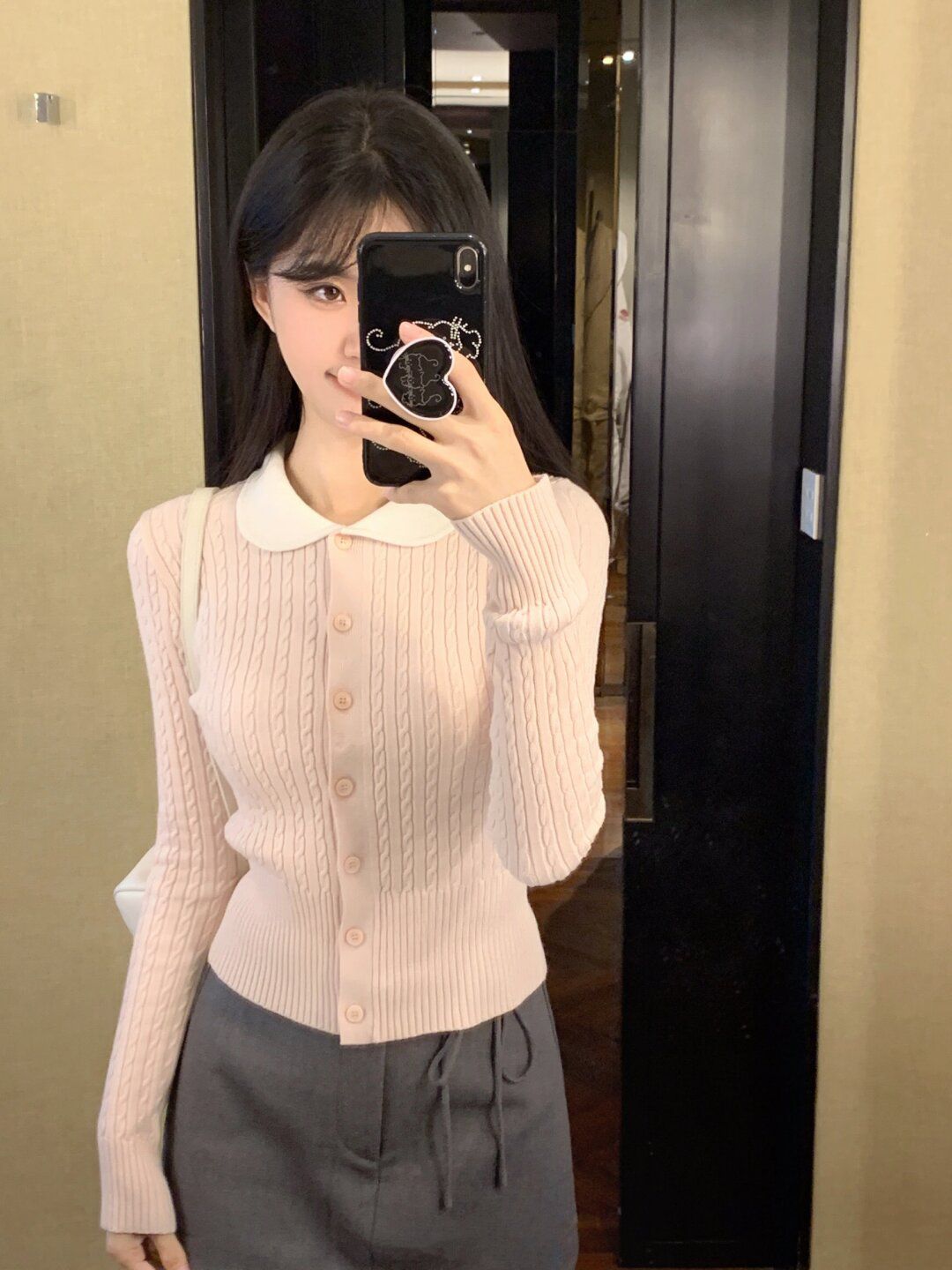 嫩粉色2024年春季新款甜美減齡日系復古娃娃領麻花針織開衫外套女