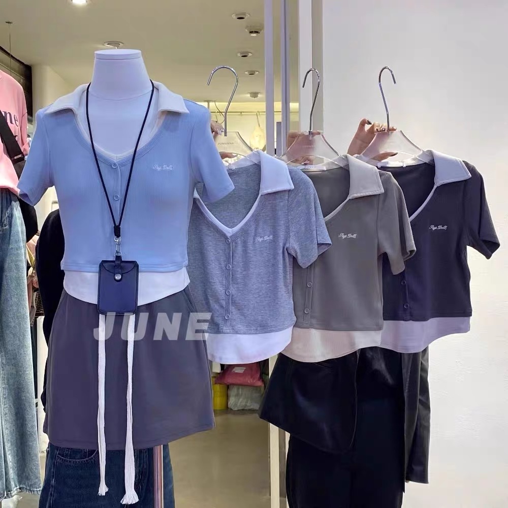 獨特chic港味甜辣妹短款假兩件polo衫上衣設計感小眾短袖t恤女夏