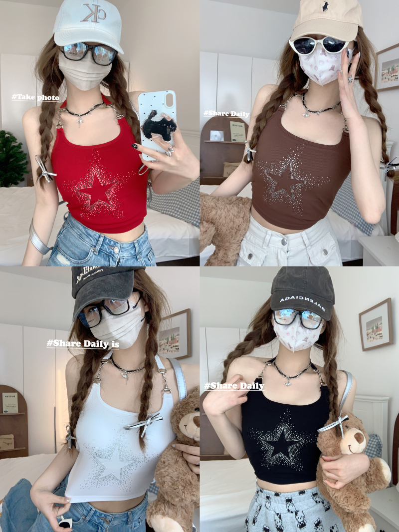 實拍 網紅掛脖五星燙鑽辣妹風帶胸墊性感吊帶背心修身打底衣