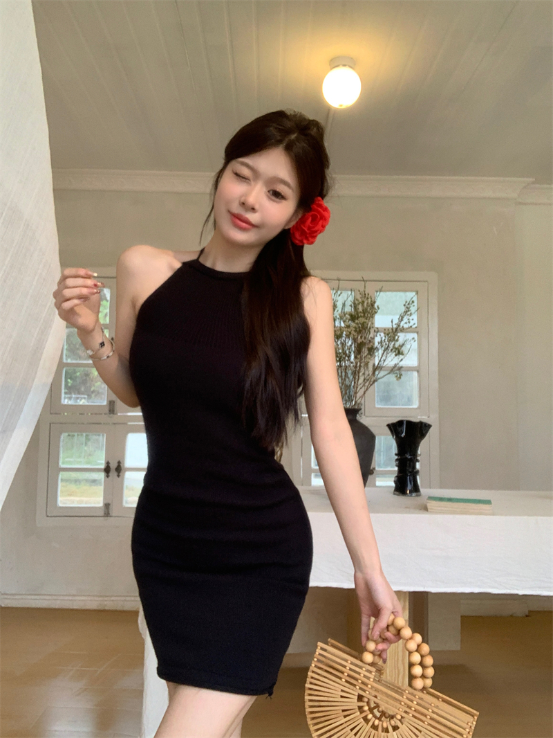 實拍 新款純欲性感掛脖綁帶無袖針織裙修身收腰連衣裙包臀裙
