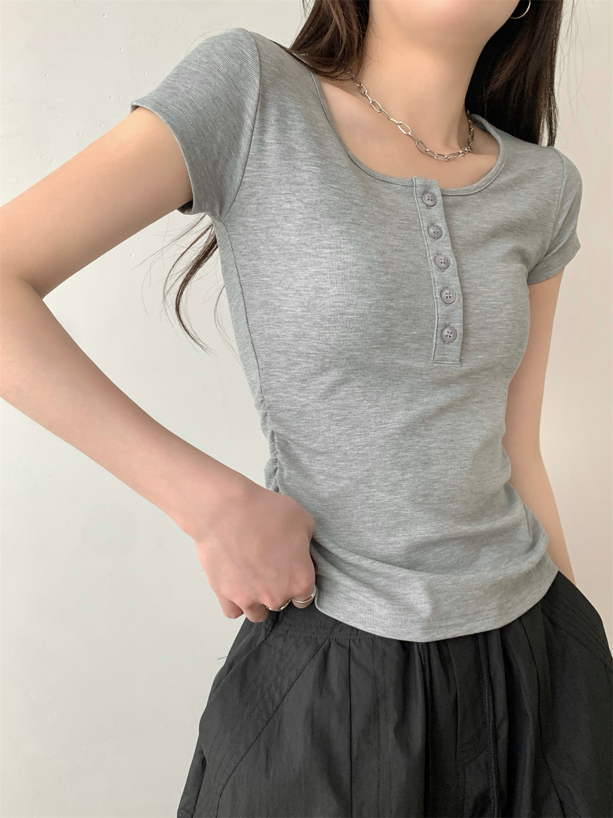 實拍 春夏韓版氣質方領紐扣褶皺設計感百搭純棉短袖T恤上衣女