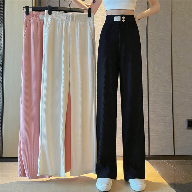 實拍-冰絲羅紋 夏季新款寬鬆闊腿休閒百搭長褲女