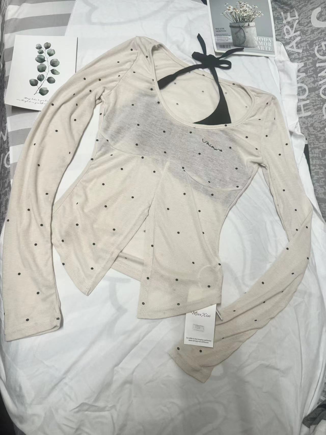 NIMOWANG純欲達人假兩件甜辣小上衣女春夏顯瘦短款波點打底衫