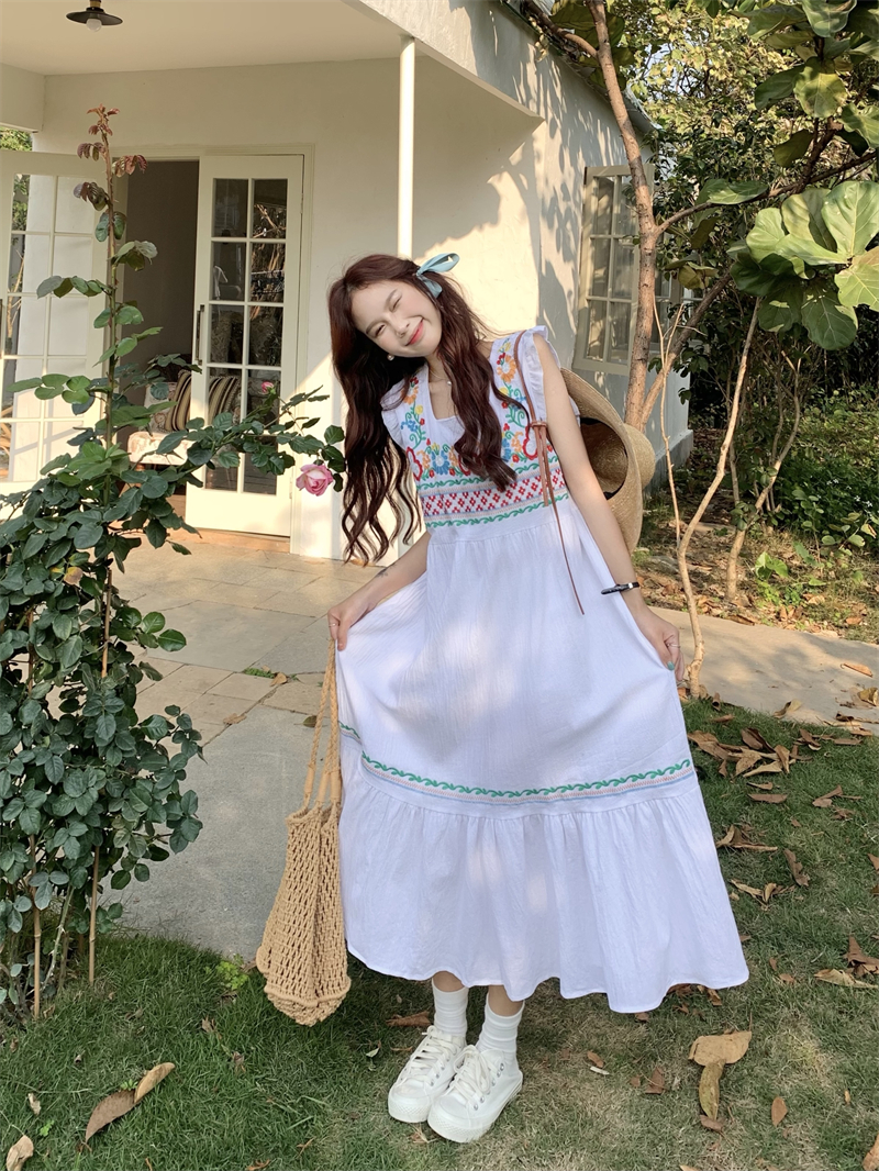 實拍~清新可愛民族風棉麻繡花背心長裙度假防曬長袖連衣裙