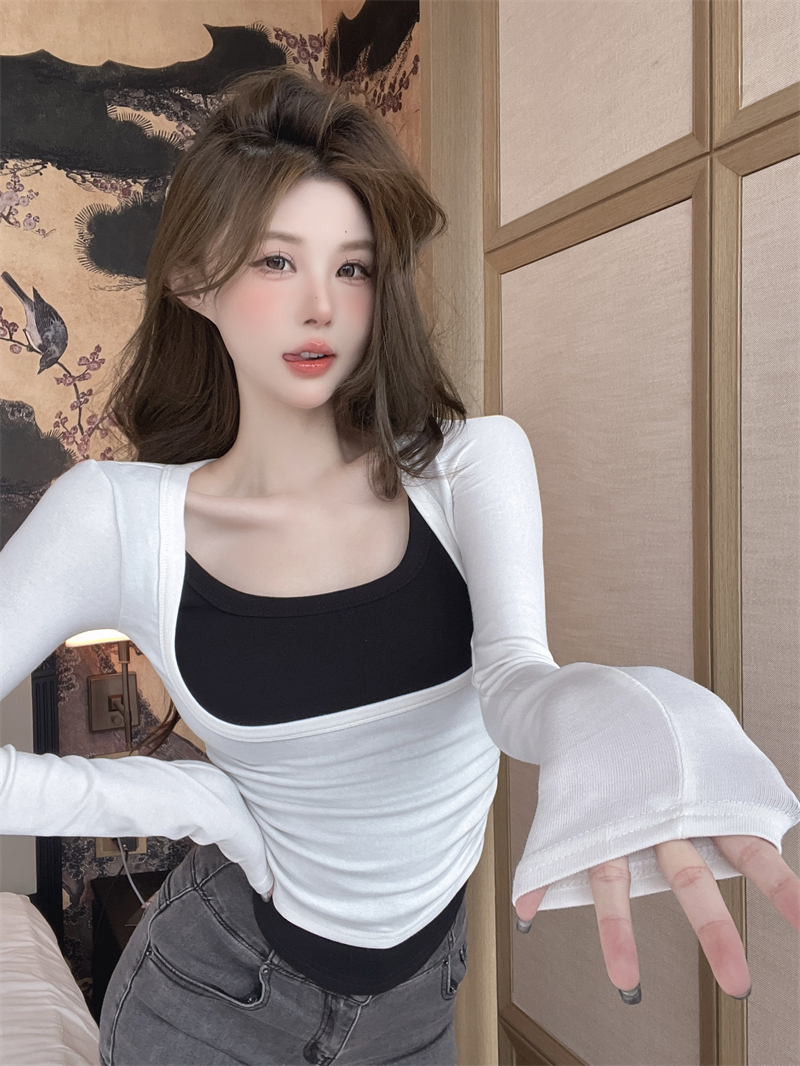 實拍 韓版性感辣妹假兩件撞色u領長袖t恤