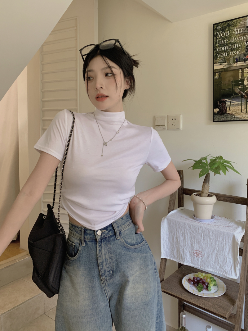 實拍 韓版夏季新款純欲辣妹修身顯瘦褶皺半高領短款短袖T恤女