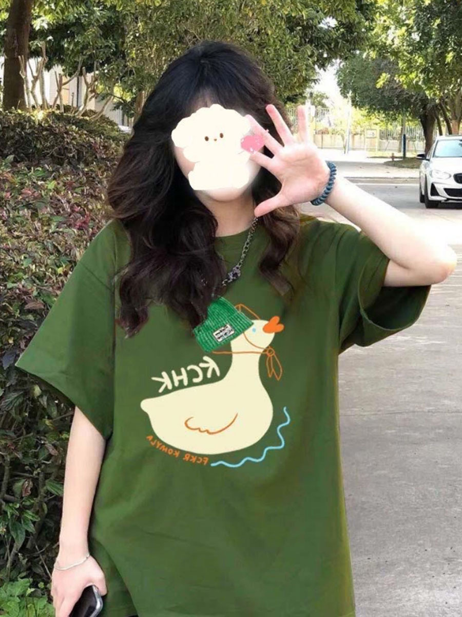 美式復古印花卡通趣味設計短袖T恤女寬鬆純棉
