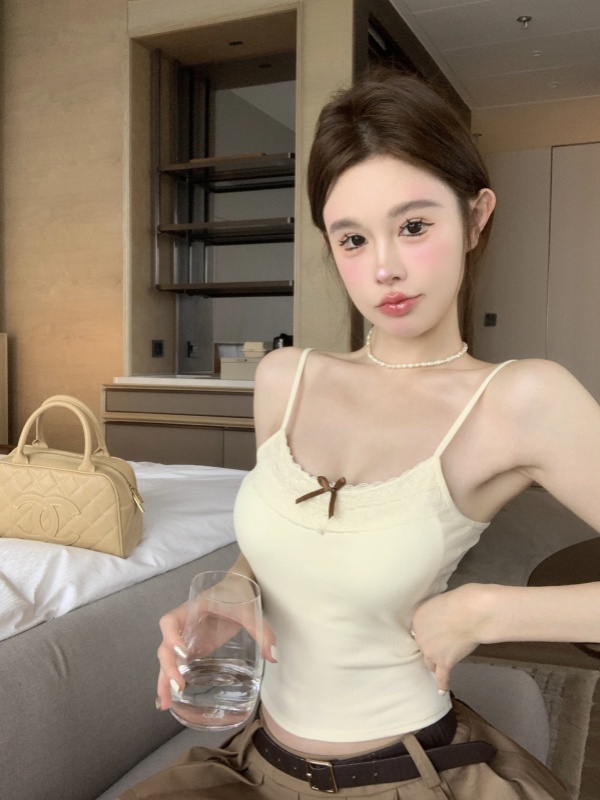 Real shot ~ Women's camisole with breast pads, BM bow lace, inner wear, slim short top