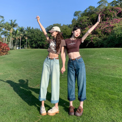 Actual shot~Korean style loose straight eight-point wide-leg granny pants 2024 new soft thin jeans for small people