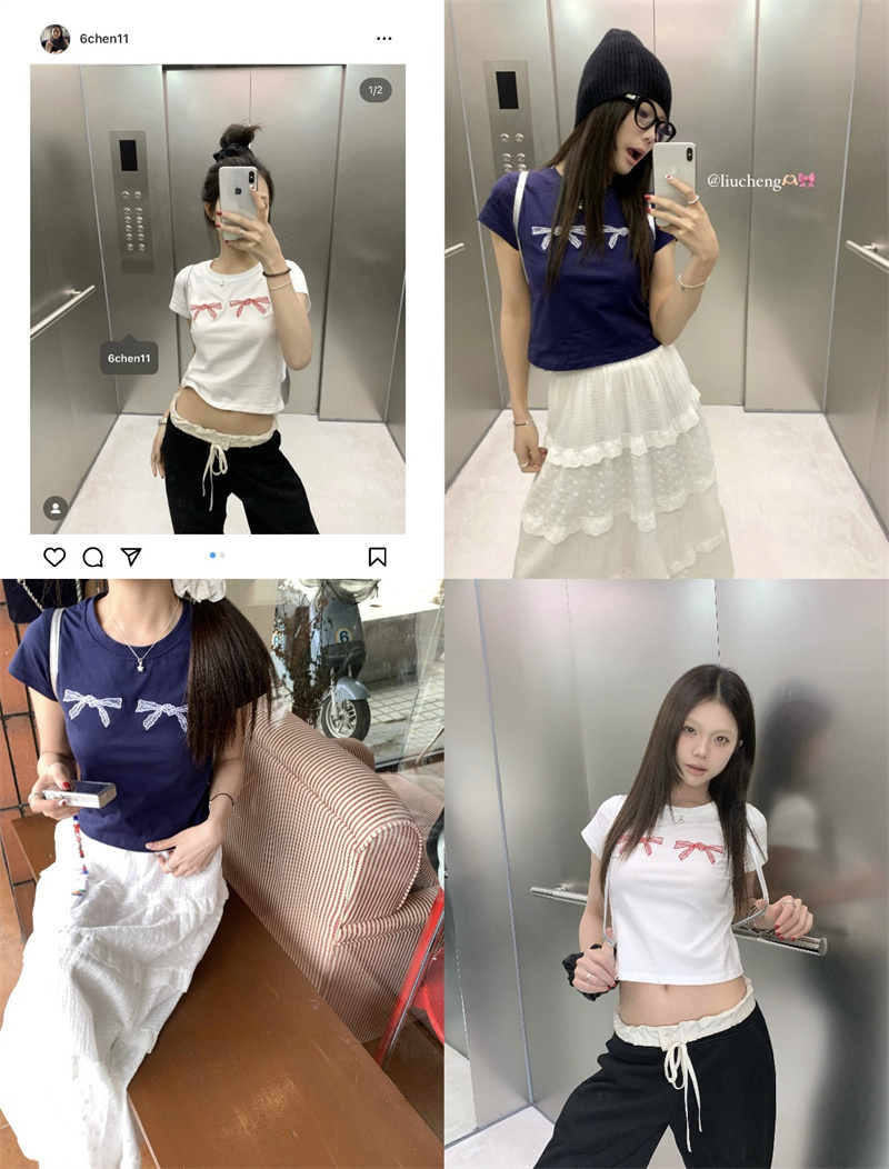 實拍~蝴蝶結刺繡修身顯瘦短袖T恤女春韓系圓領短款上衣女