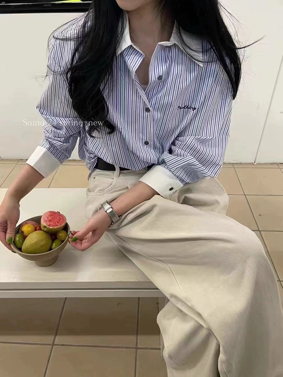SAINA韓系灰色條紋襯衫外套女寬鬆襯衣別致設計感小眾潮
