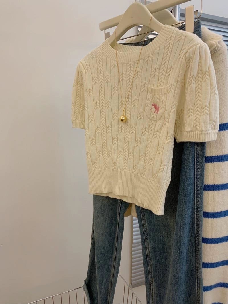 麻花刺繡針織短袖t恤女夏季夏裝2024新款小個子短款半袖體恤上衣