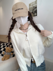 2024 Spring Collection New Short-Sleeve Hooded Knit Sweater for Women Loose Unique Cardigan Casual Leisure Sweatshirt Outerwear