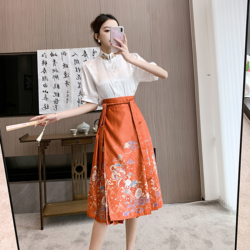 實拍 印花馬面裙夏季新款女中國風漢服可上班穿的新中式上衣套裝
