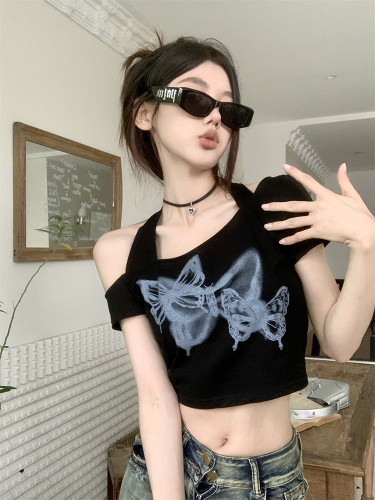 Hot girl off-shoulder halterneck short-sleeved T-shirt for women autumn Korean design butterfly print short top