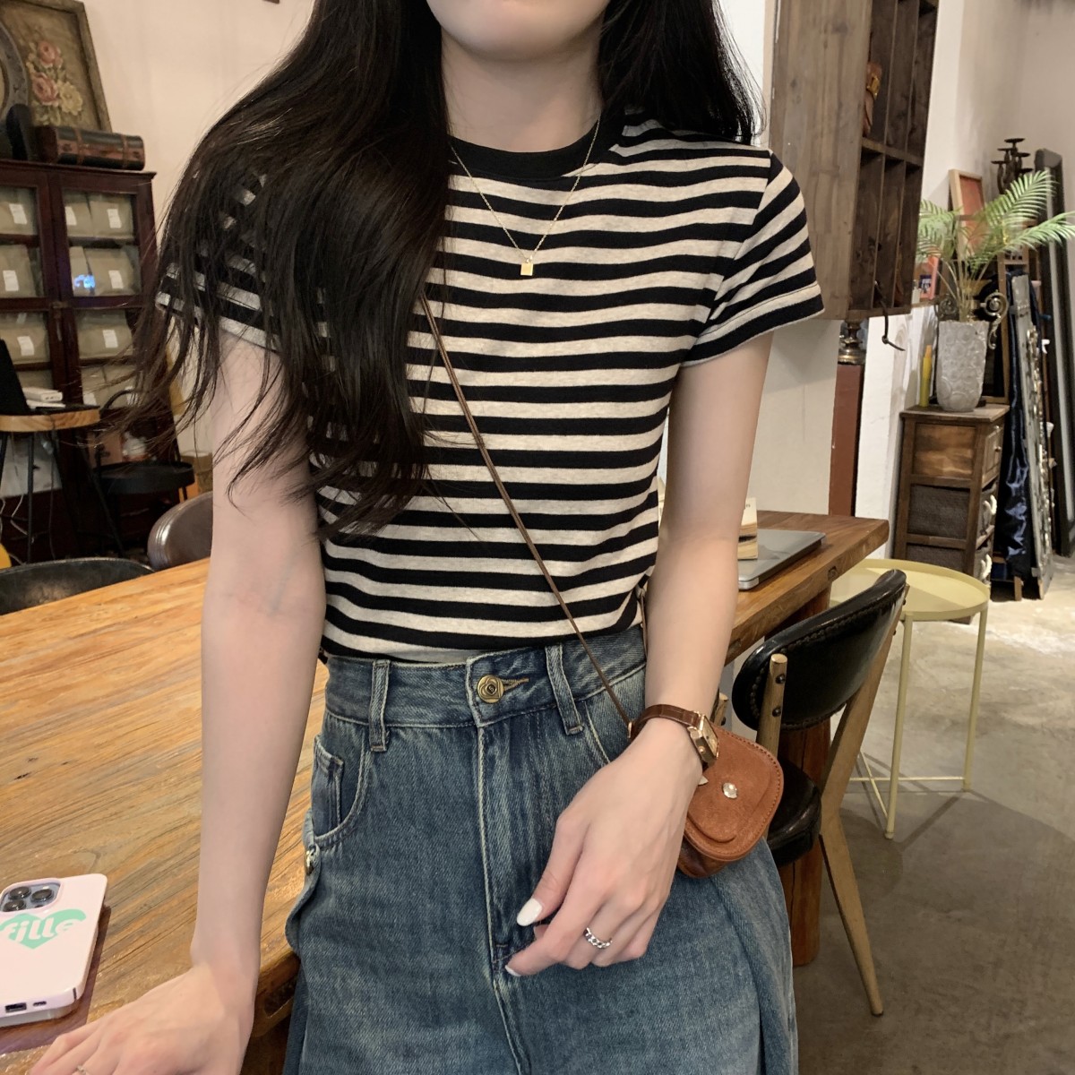 撞色條紋短袖t恤女夏季裝設計感小眾修身顯瘦短款正肩體恤上衣服