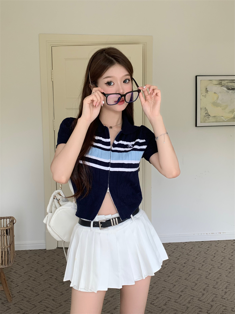實拍 新款polo領短袖女學院風半拉鏈修身正肩短款針織衫上衣