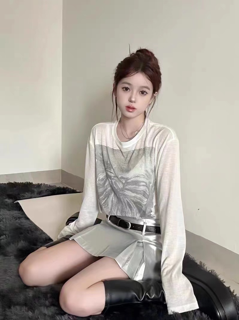韓版慵懶風印花長袖T恤女夏季寬鬆打底衫薄款防曬上衣圓領落肩袖