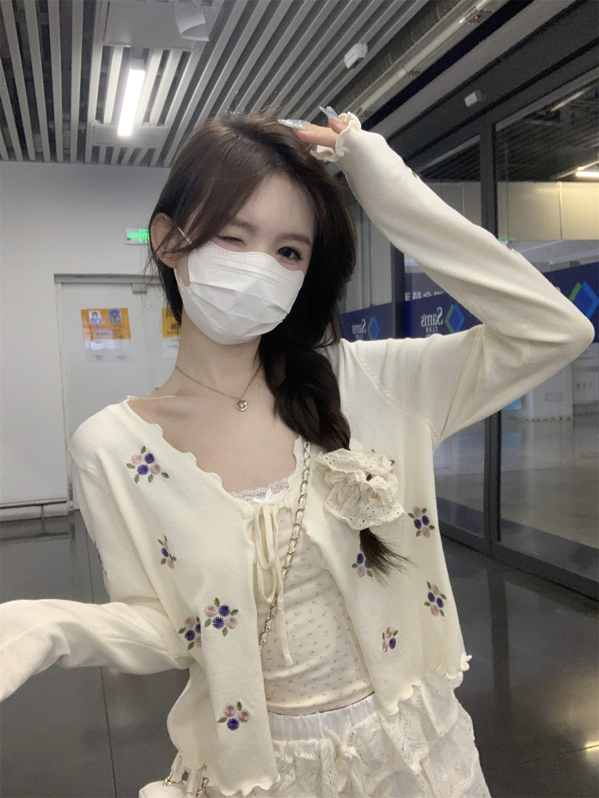 實拍 春夏韓版甜美木耳邊系帶繡花設計感防曬針織長袖上衣女